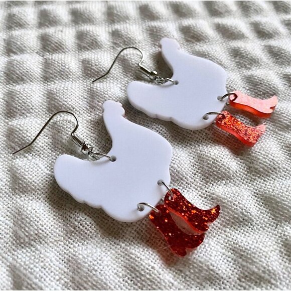 New White & Blue Chicken w/ Glitter Red Cowboy Boots Retro 80s Style Earrings - Picture 6 of 6